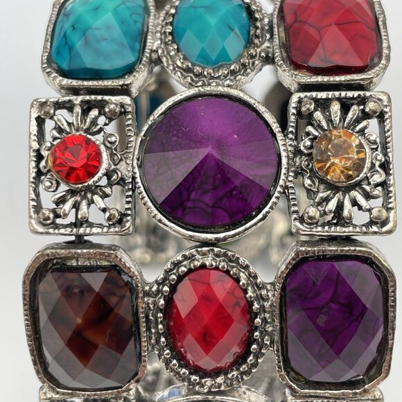 Vintage Colorful Silver Tone Wide Open Cuff Bracelet Rhinestone Statement Boho - Picture 7 of 7